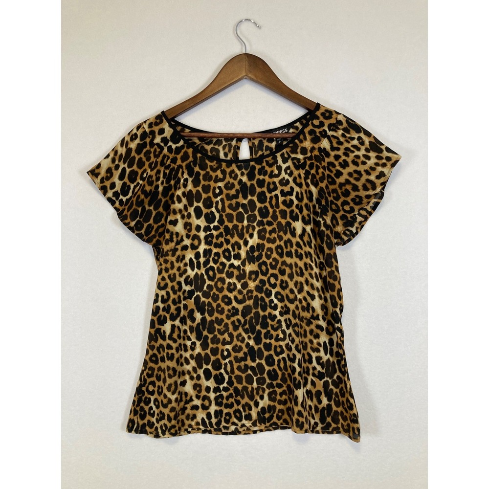 Express Leopard Print Blouse Womens Small Brown Black Short Sleeve Keyhole Back